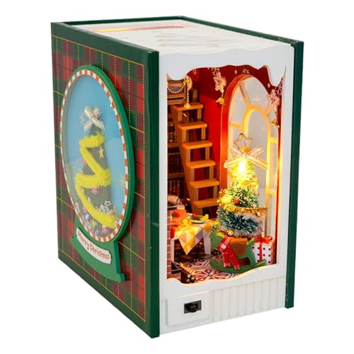 Yiurse Miniature Book Nook Kit - Decorative Miniature Bookends Kit - Merry Christmas House Model Build Bookshelf Decor, 3D Wooden Miniature House Kit for Adults Teens Beginners von Yiurse