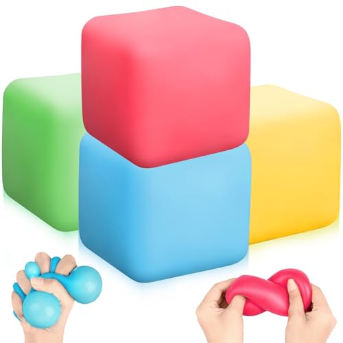 4 Stück Stressball für Kinder Erwachsene, Anti Stress Bälle, Quetschball Fidget Toys Squishy Antistressball, Großes Eiswürfel-Fidget Toys, Antistressball Squeeze, Cube Stressbälle von Yizemay