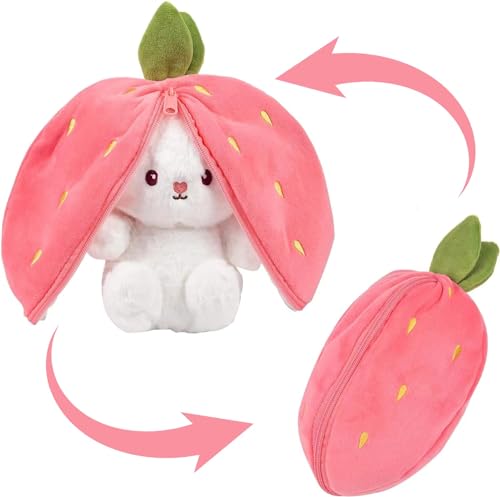 Yizemay Bunny Mein Realistisches Kaninchen, Osterhase Plüschtier Hase, Wendbar Karotte Erdbeer Kuscheltier Bunny Stofftier, Osternhase Plüsch Geschenk Geburtstag für Kinder von Yizemay