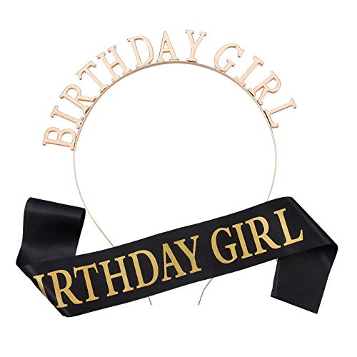 Ylinwtech Geburtstag Kopfschmuck,Birthday Girl Tiara Krone Geburtstag,Mädchen Glitter Brief Geburtstag Stirnband Mädchen Satin Schärpe Crown Sash,für Party Dekorationen Lieferungen (Gold,Schwarz) von Ylinwtech