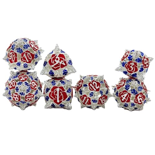 7PCS Hohl Metall DND Würfel Set, Bunte Blume Rollenspiel D&D Würfel, DND Metall Würfel Set, Polyeder Metall Würfel Set für Pathfinder Warhammer RPG Brettspiele Blau Rot von YlobdolY