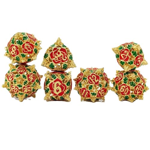 7PCS Hohl Metall DND Würfel Set, Bunte Blume Rollenspiel D&D Würfel, DND Metall Würfel Set, Polyeder Metall Würfel Set für Pathfinder Warhammer RPG Brettspiele Grün Rot von YlobdolY