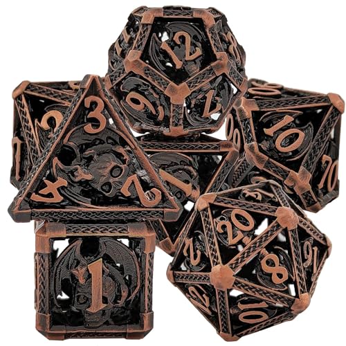 7PCS Hohl Metall DND Würfel Set, Drachen und Schädel Rollenspiel D&D Würfel, DND Metall Würfel Set, Polyedrische Metall Würfel Set für Pathfinder Warhammer RPG Brettspiele Bronze von YlobdolY