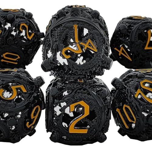 7PCS Hohl Metall DND Würfel Set, Fliegender Drachen Rollenspiel D&D Würfel, DND Metall Würfel Set, Polyeder Metall Würfel Set für Pathfinder Warhammer RPG Brettspiele Schwarz Gelb von YlobdolY