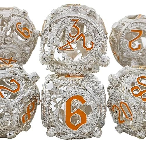 7PCS Hohl Metall DND Würfel Set, Fliegender Drachen Rollenspiel D&D Würfel, DND Metall Würfel Set, Polyeder Metall Würfel Set für Pathfinder Warhammer RPG Brettspiele Silber Gelb von YlobdolY