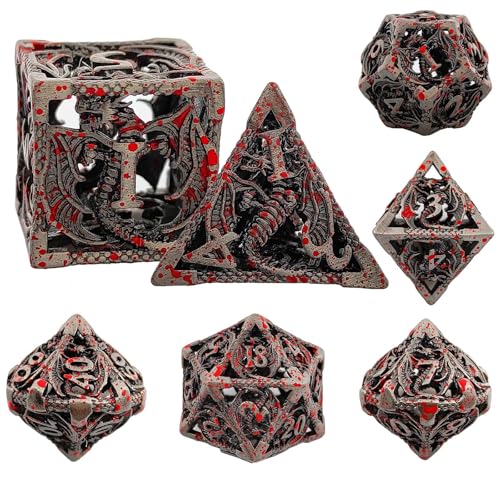 7PCS Hohl Metall DND Würfel Set, Geflügelter Drachen Rollenspiel D&D Würfel, DND Metall Würfel Set, Polyeder Metall Würfel Set für Pathfinder Warhammer RPG Brettspiele Bloody von YlobdolY