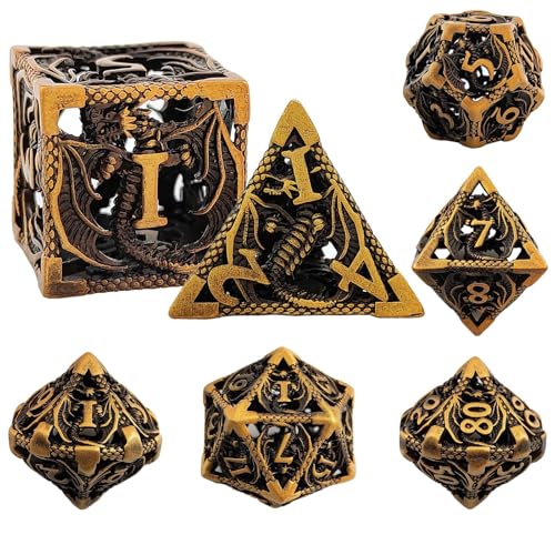 7PCS Hohl Metall DND Würfel Set, Geflügelter Drachen Rollenspiel D&D Würfel, DND Metall Würfel Set, Polyeder Metall Würfel Set für Pathfinder Warhammer RPG Brettspiele Golden von YlobdolY