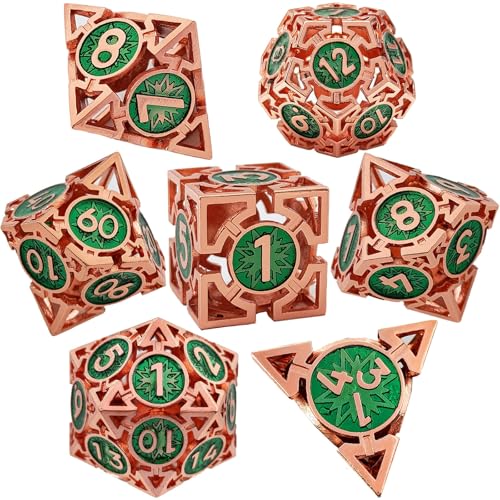 7PCS Hohle Metall DND Würfel Set, 8-Punkt Stern Rollenspiel D&D Würfel, DND Metall Würfel Set, Polyeder Metall Würfel Set für Pathfinder Warhammer RPG Brettspiele Kupfer Grün von YlobdolY