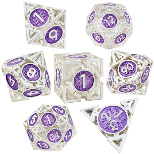 7PCS Hohle Metall DND Würfel Set, 8-Punkt Stern Rollenspiel D&D Würfel, DND Metall Würfel Set, Polyeder Metall Würfel Set für Pathfinder Warhammer RPG Brettspiele Silber Lila von YlobdolY