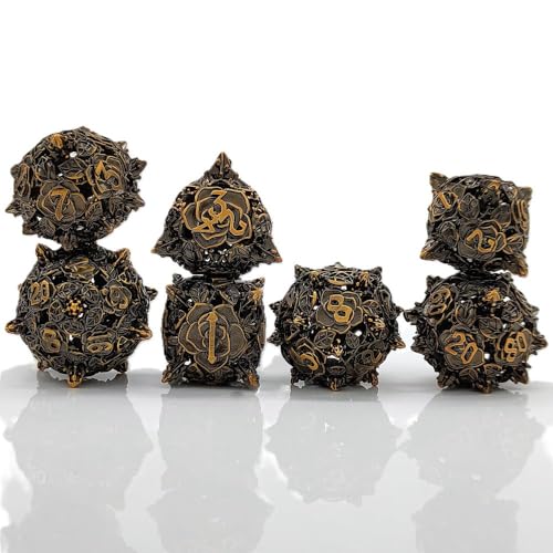 7PCS Hohle Metall DND Würfel Set, Bunte Blume Rollenspiel D&D Würfel, DND Metall Würfel Set, Polyeder Metall Würfel Set für Pathfinder Warhammer RPG Brettspiele Golden von YlobdolY