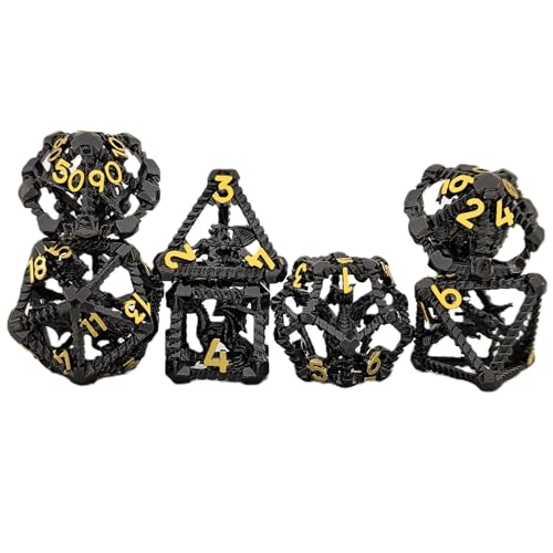 7PCS Hohle Metall DND Würfel Set, Drachenkäfig Rollenspiel D&D Würfel, DND Metall Würfel Set, Polyeder Metall Würfel Set für Pathfinder Warhammer RPG Brettspiele Schwarz Golden von YlobdolY