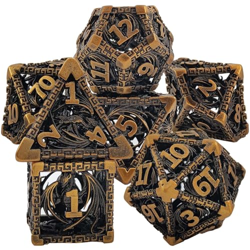 7PCS Hohle Metall DND Würfel Set, Dragon Beast Rollenspiel D&D Würfel, DND Metall Würfel Set, Polyeder Metall Würfel Set für Pathfinder Warhammer RPG Brettspiele Golden von YlobdolY