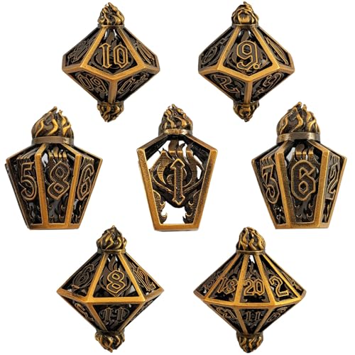 7PCS Hohle Metall DND Würfel Set, Flamme Fackel Rollenspiel D&D Würfel, Feuer DND Metall Würfel Set, Polyedrische Metall Würfel Set für Pathfinder Warhammer RPG Brettspiele Golden von YlobdolY