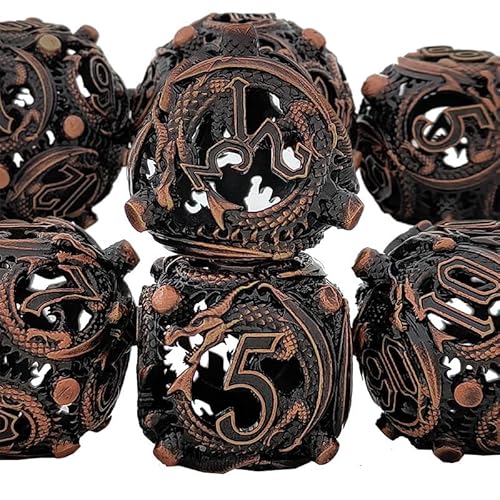 7PCS Hohle Metall DND Würfel Set, Fliegender Drachen Rollenspiel D&D Würfel, DND Metall Würfel Set, Polyeder Metall Würfel Set für Pathfinder Warhammer RPG Brettspiele Bronze von YlobdolY