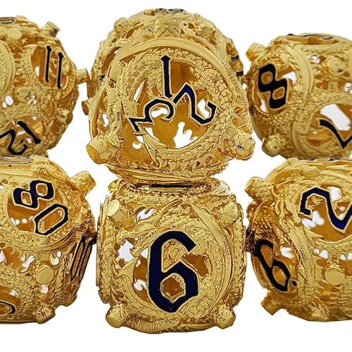 7PCS Hohle Metall DND Würfel Set, Fliegender Drachen Rollenspiel D&D Würfel, DND Metall Würfel Set, Polyeder Metall Würfel Set für Pathfinder Warhammer RPG Brettspiele Golden Blue von YlobdolY