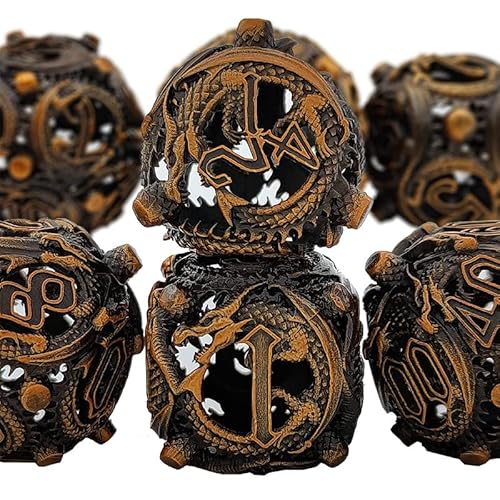 7PCS Hohle Metall DND Würfel Set, Fliegender Drachen Rollenspiel D&D Würfel, DND Metall Würfel Set, Polyeder Metall Würfel Set für Pathfinder Warhammer RPG Brettspiele Golden von YlobdolY