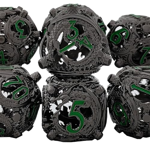 7PCS Hohle Metall DND Würfel Set, Fliegender Drachen Rollenspiel D&D Würfel, DND Metall Würfel Set, Polyeder Metall Würfel Set für Pathfinder Warhammer RPG Brettspiele Schwarz Grün von YlobdolY