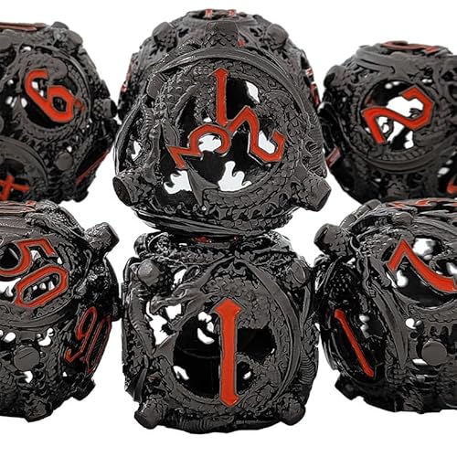 7PCS Hohle Metall DND Würfel Set, Fliegender Drachen Rollenspiel D&D Würfel, DND Metall Würfel Set, Polyeder Metall Würfel Set für Pathfinder Warhammer RPG Brettspiele Schwarz Orange von YlobdolY