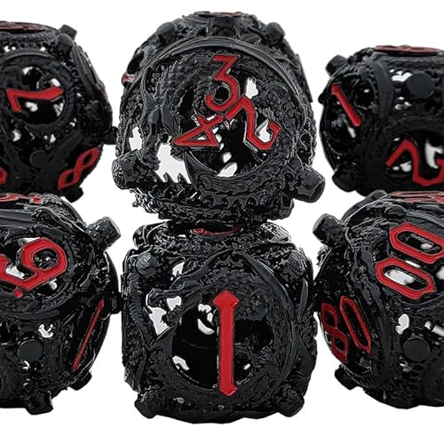 7PCS Hohle Metall DND Würfel Set, Fliegender Drachen Rollenspiel D&D Würfel, DND Metall Würfel Set, Polyeder Metall Würfel Set für Pathfinder Warhammer RPG Brettspiele Schwarz Rot von YlobdolY