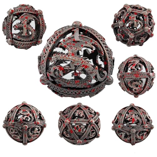 7PCS Hohle Metall DND Würfel Set, Fliegender Drachen Rollenspiel D&D Würfel, DND Metall Würfel Set, Runde polyedrische Metall Würfel Set für Pathfinder Warhammer RPG Brettspiele Blutig von YlobdolY