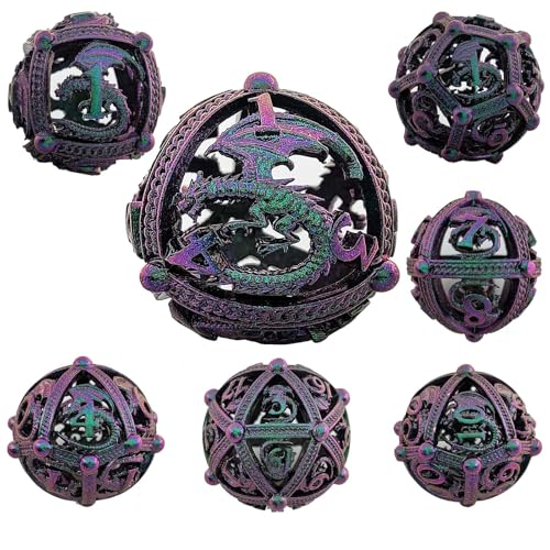 7PCS Hohle Metall DND Würfel Set, Fliegender Drachen Rollenspiel D&D Würfel, DND Metall Würfel Set, Runde polyedrische Metall Würfel Set für Pathfinder Warhammer RPG Brettspiele Bunt von YlobdolY