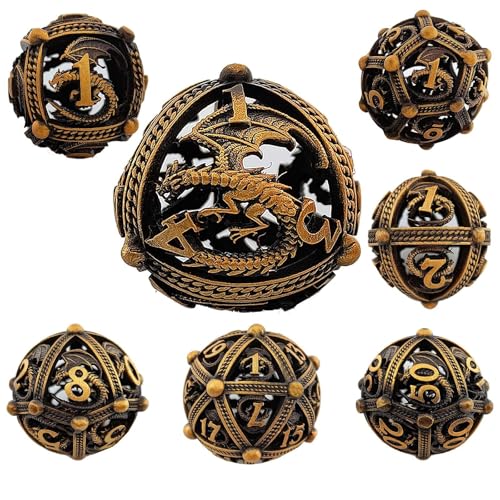 7PCS Hohle Metall DND Würfel Set, Fliegender Drachen Rollenspiel D&D Würfel, DND Metall Würfel Set, Runde polyedrische Metall Würfel Set für Pathfinder Warhammer RPG Brettspiele Golden von YlobdolY