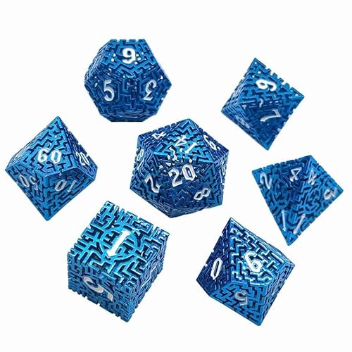 7PCS Hohle Metall DND Würfel Set, Labyrinth gemusterte Rolle Spielen D&D Würfel, DND Metall Würfel Set, Polyeder Metall Würfel Set für Pathfinder Warhammer RPG Brettspiele Blau von YlobdolY