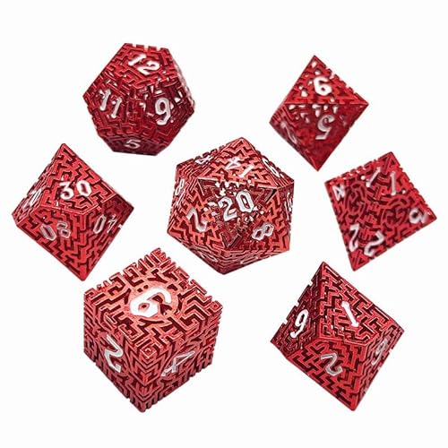 7PCS Hohle Metall DND Würfel Set, Labyrinth gemusterte Rolle Spielen D&D Würfel, DND Metall Würfel Set, Polyeder Metall Würfel Set für Pathfinder Warhammer RPG Brettspiele Rot von YlobdolY