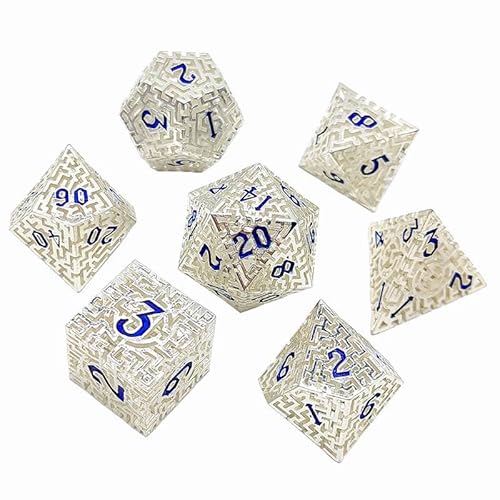 7PCS Hohle Metall DND Würfel Set, Labyrinth gemusterte Rolle Spielen D&D Würfel, DND Metall Würfel Set, Polyeder Metall Würfel Set für Pathfinder Warhammer RPG Brettspiele Silber von YlobdolY