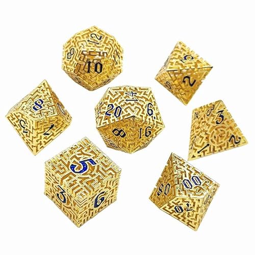 7PCS Hohle Metall DND Würfel Set, Labyrinth gemusterte Rolle Spielen D&D Würfel, DND Metall Würfel Set, Polyedrische Metall Würfel Set für Pathfinder Warhammer RPG Brettspiele Golden von YlobdolY