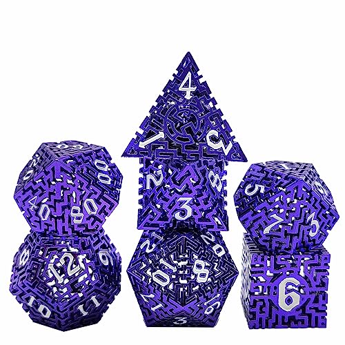 7PCS Hohle Metall DND Würfel Set, Labyrinth gemusterte Rolle Spielen D&D Würfel, DND Metall Würfel Set, Polyedrische Metall Würfel Set für Pathfinder Warhammer RPG Brettspiele Lila von YlobdolY