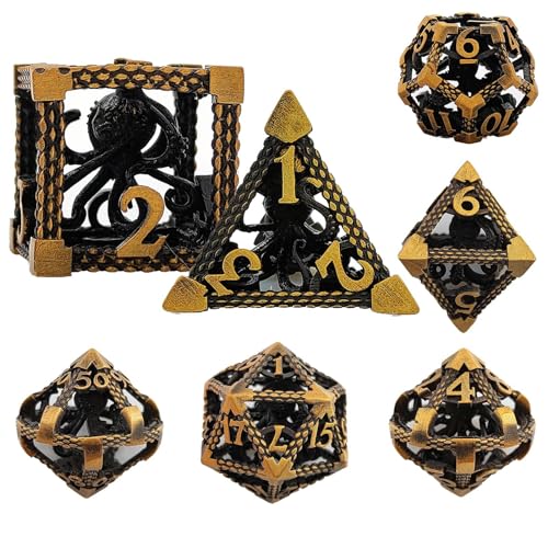 7PCS Hohle Metall DND Würfel Set, Oktopus Käfig Rollenspiel D&D Würfel, DND Metall Würfel Set, Polyedrische Metall Würfel Set für Pathfinder Warhammer RPG Brettspiele Golden von YlobdolY