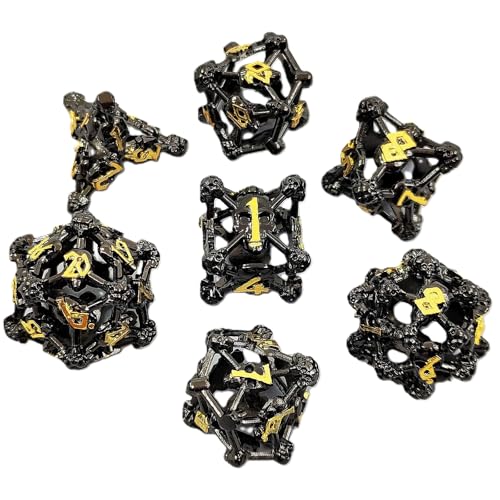 7PCS Hohle Metall DND Würfel Set, Schädelkäfig Rollenspiel D&D Würfel, DND Metall Würfel Set, Polyedrische Metall Würfel Set für Pathfinder Warhammer RPG Brettspiele Schwarz Golden von YlobdolY