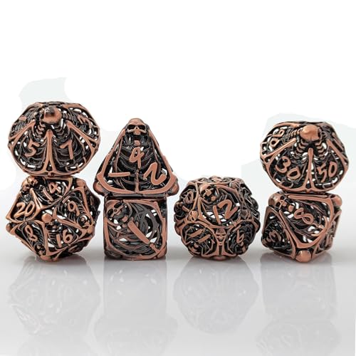 7PCS Hohle Metall DND Würfel Set, Vintage Skelett Rollenspiel D&D Würfel, DND Metall Würfel Set, Polyeder Metall Würfel Set für Pathfinder Warhammer RPG Brettspiele Bronze von YlobdolY