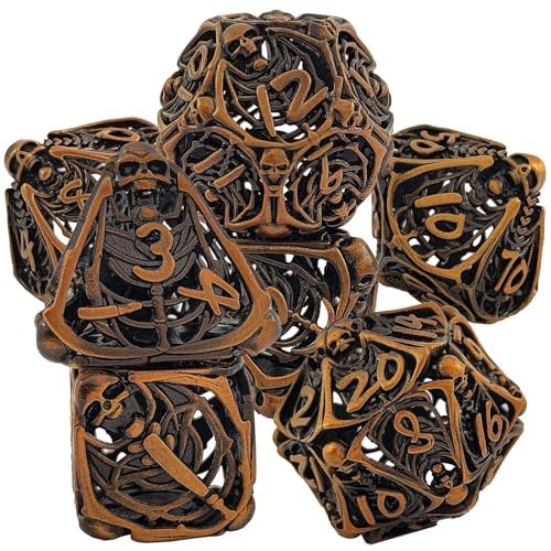 7PCS Hohle Metall DND Würfel Set, Vintage Skelett Rollenspiel D&D Würfel, DND Metall Würfel Set, Polyedrische Metall Würfel Set für Pathfinder Warhammer RPG Brettspiele Golden von YlobdolY