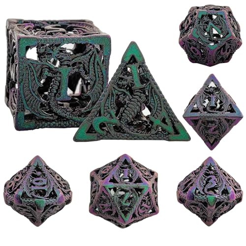 7PCS Hohle Metall DND Würfel Set, Winged Dragon Rollenspiel D&D Würfel, DND Metall Würfel Set, Polyeder Metall Würfel Set für Pathfinder Warhammer RPG Brettspiele Grün Lila von YlobdolY