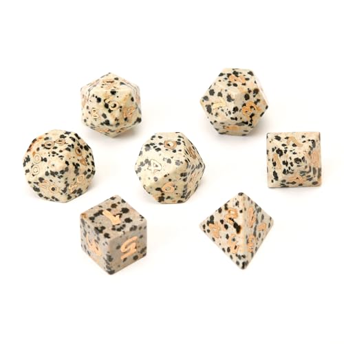 7PCS Natürlicher Edelstein DND Würfel Set, Dalmatiner Stein Rollenspiel D&D Würfel, DND Speckled Kristall Edelstein Würfel Set, Polyeder Edelstein Würfel Set für RPG Brettspiele B von YlobdolY