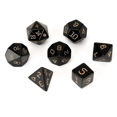 7PCS Natürlicher Edelstein DND Würfel Set, Helles Obsidian Rollenspiel D&D Würfel, DND Kristall Edelstein Würfel Set, Polyeder Edelstein Würfel Set für RPG Brettspiele Schwarz D von YlobdolY