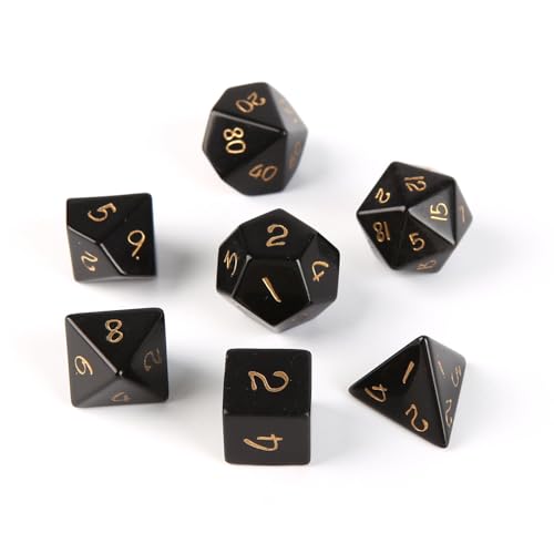 7PCS Natürlicher Edelstein DND Würfel Set, Helles Obsidian Rollenspiel D&D Würfel, DND Kristall Edelstein Würfel Set, Polyeder Edelstein Würfel Set für RPG Brettspiele Schwarz E von YlobdolY