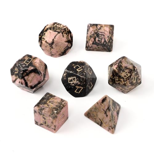 7PCS Natürlicher Edelstein DND Würfel Set, Rhodonit Edelstein Rollenspiel D&D Würfel, DND Kristall Edelstein Würfel Set, Polyeder Edelstein Würfel Set für RPG Brettspiele Marmor D von YlobdolY