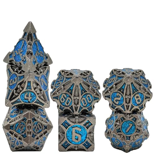 7PCS Solid Metal DND Würfel Set, Doppelte farbige Rollenspiel D&D Würfel, DND Metall Würfel Set, Polyeder Metall Würfel Set für Pathfinder Warhammer RPG Brettspiele Carbon Blue von YlobdolY