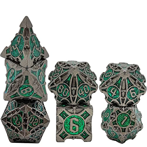 7PCS Solid Metal DND Würfel Set, Doppelte farbige Rollenspiel D&D Würfel, DND Metall Würfel Set, Polyeder Metall Würfel Set für Pathfinder Warhammer RPG Brettspiele Carbon Green von YlobdolY