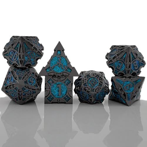 7PCS Solid Metal DND Würfel Set, Doppelte farbige Rollenspiel D&D Würfel, DND Metall Würfel Set, Polyeder Metall Würfel Set für Pathfinder Warhammer RPG Brettspiele Schwarz Blau von YlobdolY