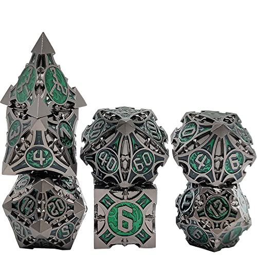 7PCS Solid Metal DND Würfel Set, Doppelte farbige Rollenspiel D&D Würfel, DND Metall Würfel Set, Polyeder Metall Würfel Set für Pathfinder Warhammer RPG Brettspiele Schwarz Grün von YlobdolY