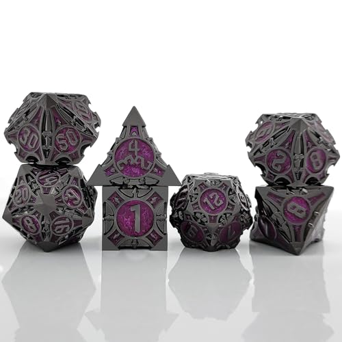 7PCS Solid Metal DND Würfel Set, Doppelte farbige Rollenspiel D&D Würfel, DND Metall Würfel Set, Polyeder Metall Würfel Set für Pathfinder Warhammer RPG Brettspiele Schwarz Lila von YlobdolY