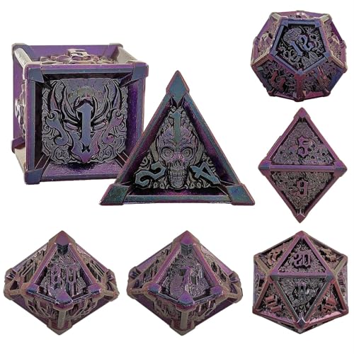 7PCS Solid Metal DND Würfel Set, Drachenschädel Rollenspiel D&D Würfel, DND Metall Würfel Set, Polyeder Metall Würfel Set für Pathfinder Warhammer RPG Brettspiele Blau Lila von YlobdolY