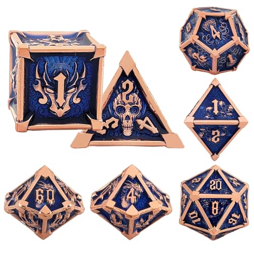 7PCS Solid Metal DND Würfel Set, Drachenschädel Rollenspiel D&D Würfel, DND Metall Würfel Set, Polyeder Metall Würfel Set für Pathfinder Warhammer RPG Brettspiele Bronze Blau von YlobdolY