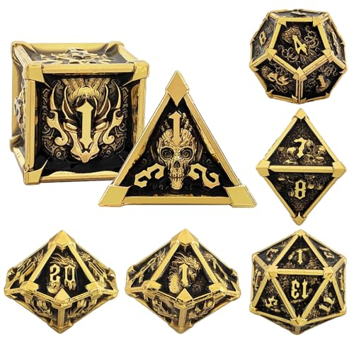 7PCS Solid Metal DND Würfel Set, Drachenschädel Rollenspiel D&D Würfel, DND Metall Würfel Set, Polyeder Metall Würfel Set für Pathfinder Warhammer RPG Brettspiele Golden Black von YlobdolY