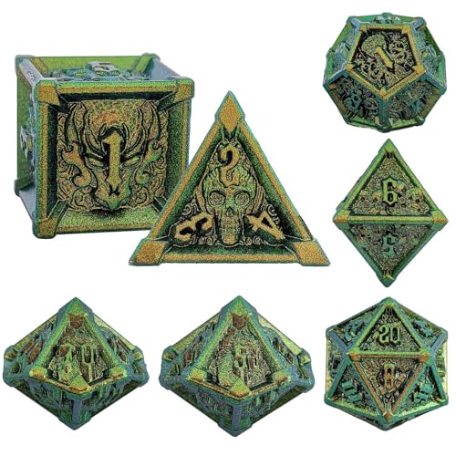 7PCS Solid Metal DND Würfel Set, Drachenschädel Rollenspiel D&D Würfel, DND Metall Würfel Set, Polyeder Metall Würfel Set für Pathfinder Warhammer RPG Brettspiele Gradient Grün von YlobdolY