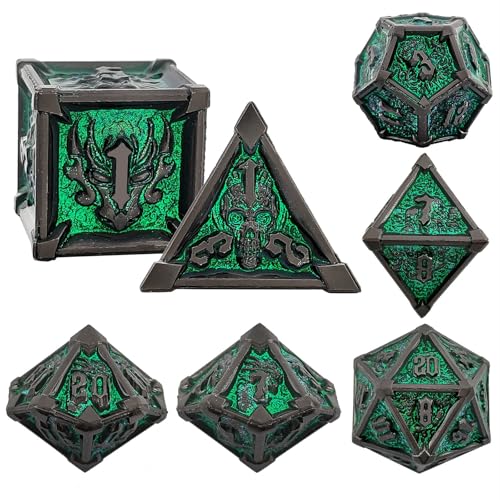 7PCS Solid Metal DND Würfel Set, Drachenschädel Rollenspiel D&D Würfel, DND Metall Würfel Set, Polyeder Metall Würfel Set für Pathfinder Warhammer RPG Brettspiele Schwarz Grün von YlobdolY